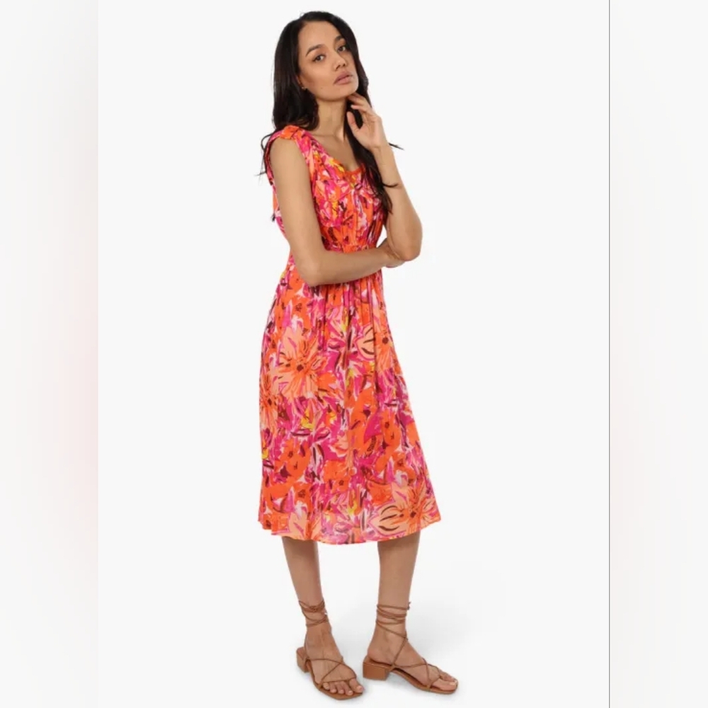 imPRESS Pink Orange Floral Midi Dress with Tie Shoulders